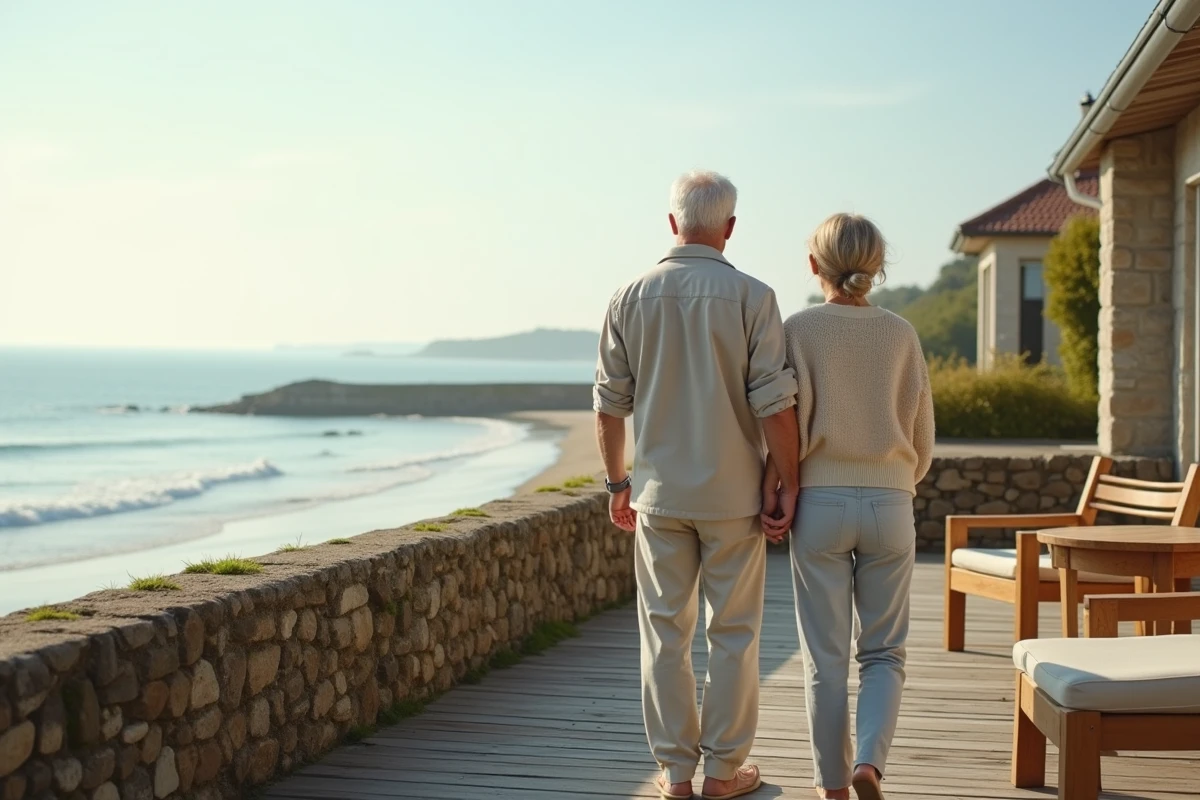Couple sur la terrasse d'une maison en bord de mer avec accès direct à la plage en Normandie