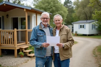 Couple de propriétaires devant leur mobil home d'occasion dans un camping ouvert à l'année tenant un contrat de vente