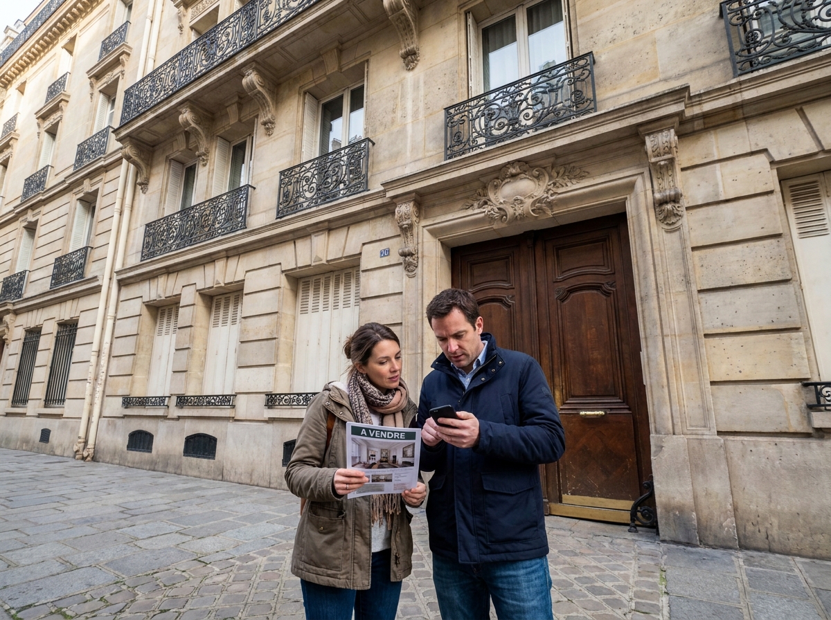 Couple consultant une fiche de visite devant un immeuble haussmannien lors d'un achat immobilier