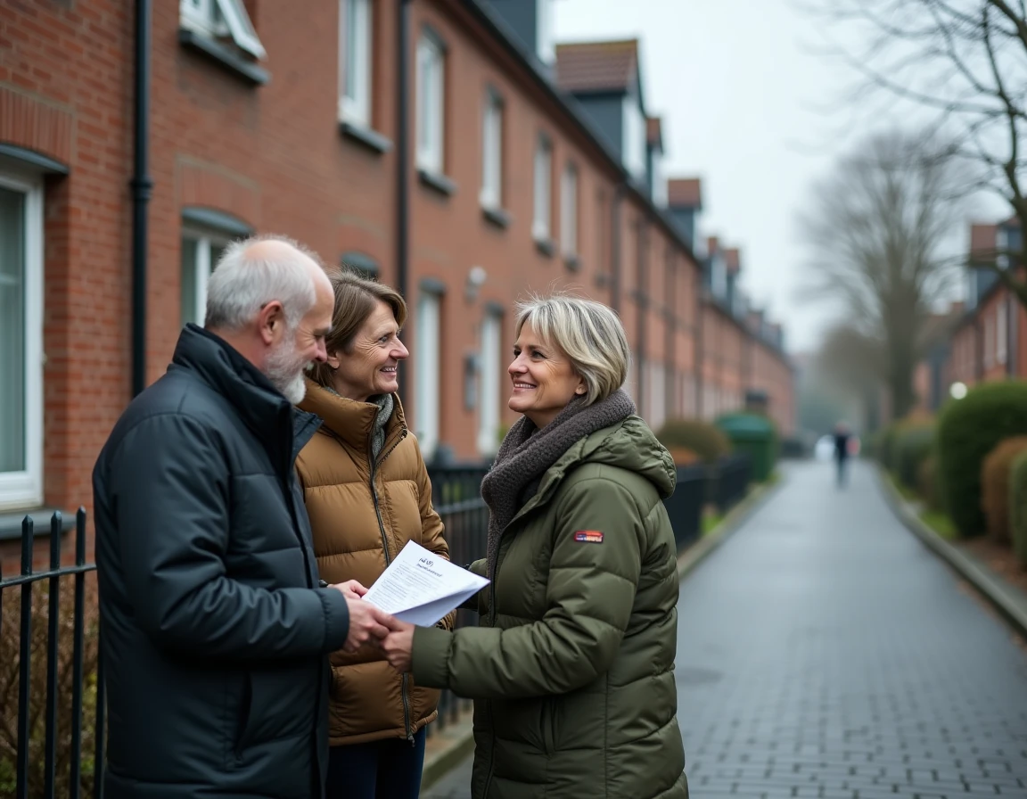 Couple visitant une maison à louer dans un quartier résidentiel de Calais