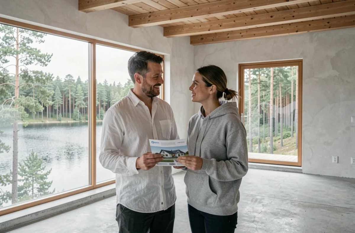 Couple visitant une maison moderne en Suède avec vue sur un lac et forêt de pins, illustrant la comparaison achat immobilier Suède versus location en France