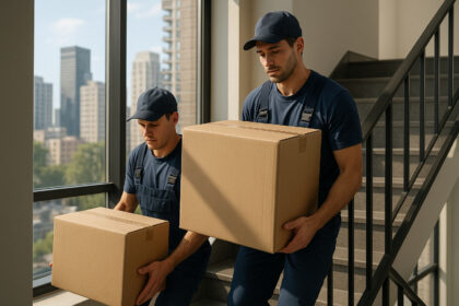 Déménageurs professionnels portant des cartons dans un immeuble moderne