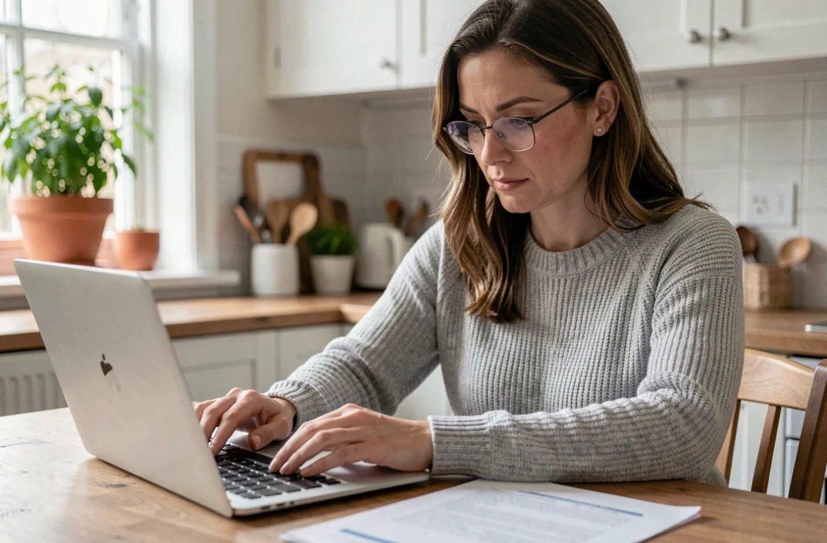Femme remplissant un formulaire de devis d'assurance habitation sur son ordinateur portable dans sa cuisine