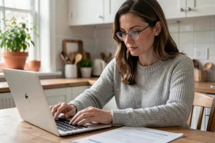 Femme remplissant un formulaire de devis d'assurance habitation sur son ordinateur portable dans sa cuisine
