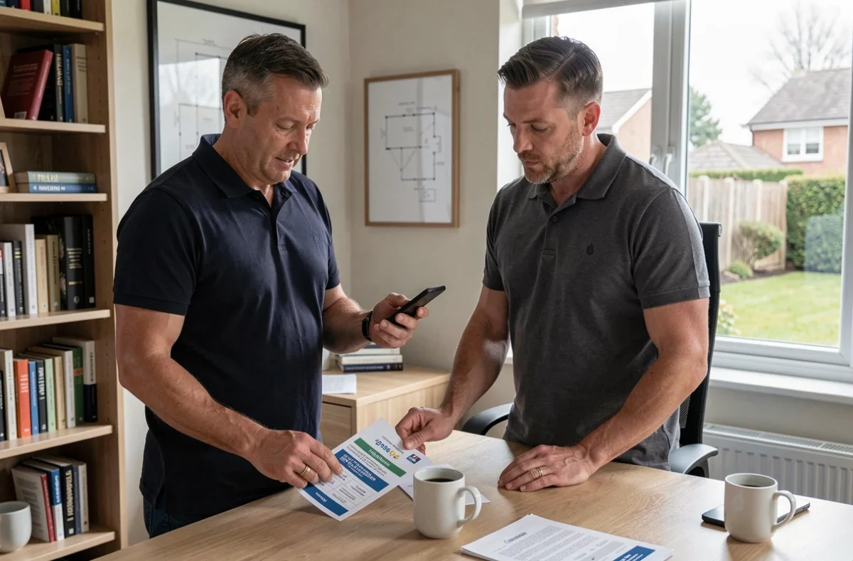 Homme consultant son smartphone pour obtenir un devis d'assurance multirisque habitation dans un bureau à domicile