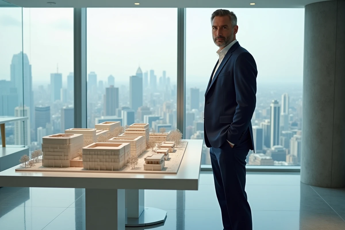 Directeur immobilier présentant une maquette de projet de développement urbain international dans un bureau moderne avec vue sur la ville