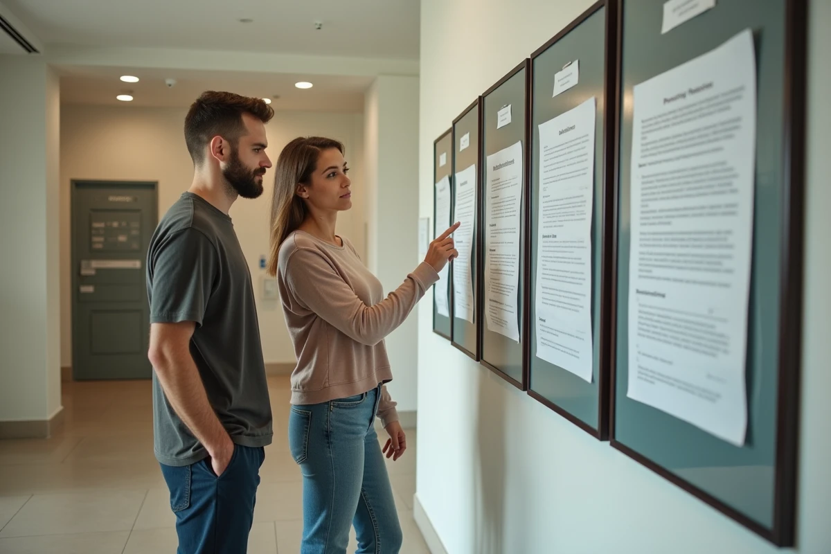 Jeune homme et femme discutant devant un panneau d affichage