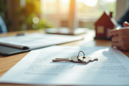 Documents légaux et clés de maison sur une table en lumière naturelle
