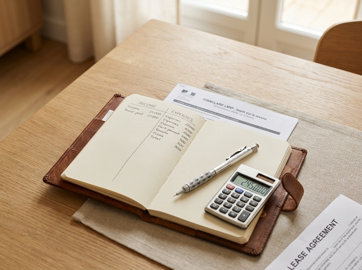 Vue à plat de documents comptables pour la gestion annuelle d'une location meublée non professionnelle, formulaire LMNP et cahier de comptes