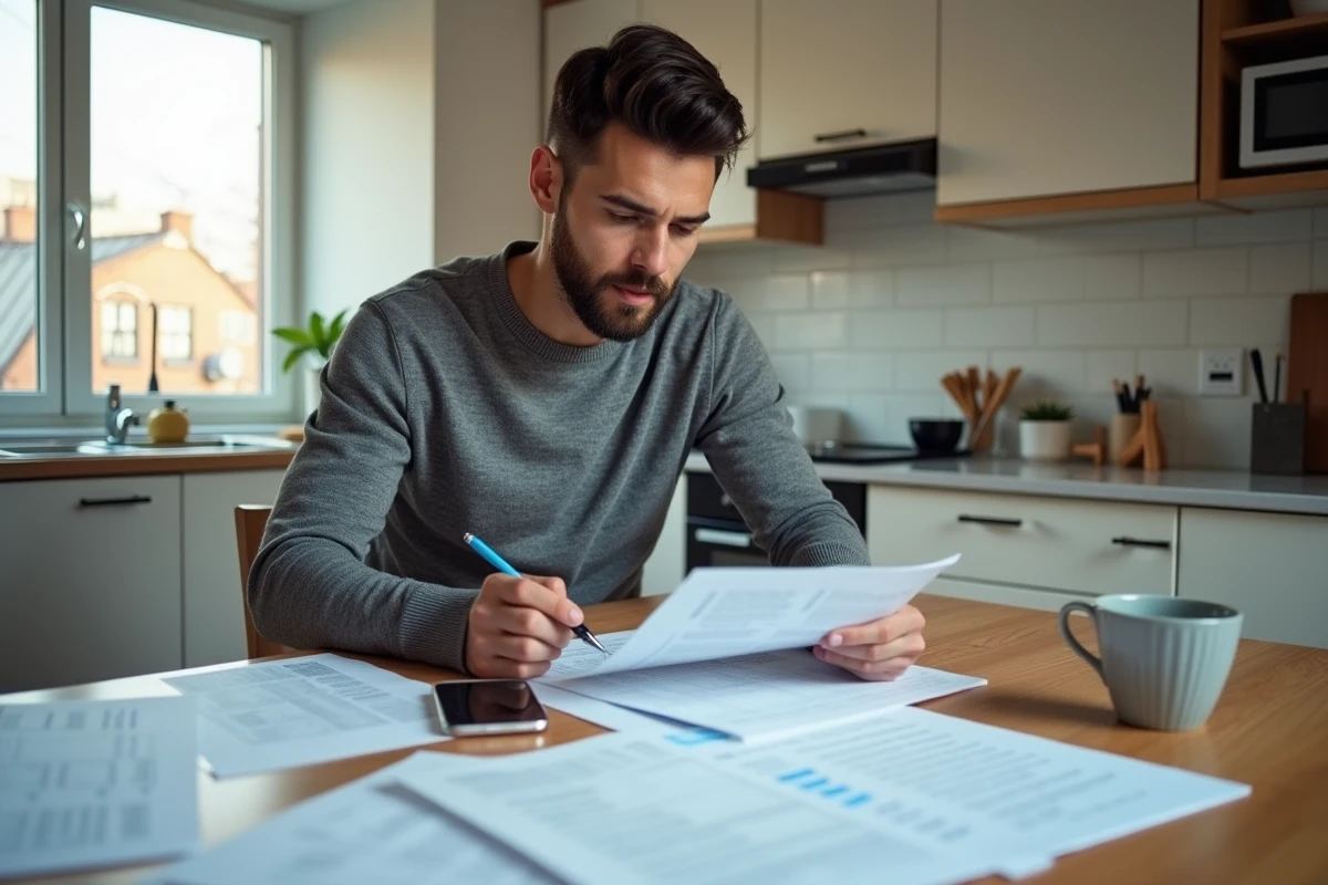Homme consultant des documents de dossier de location d'appartement dans une cuisine moderne