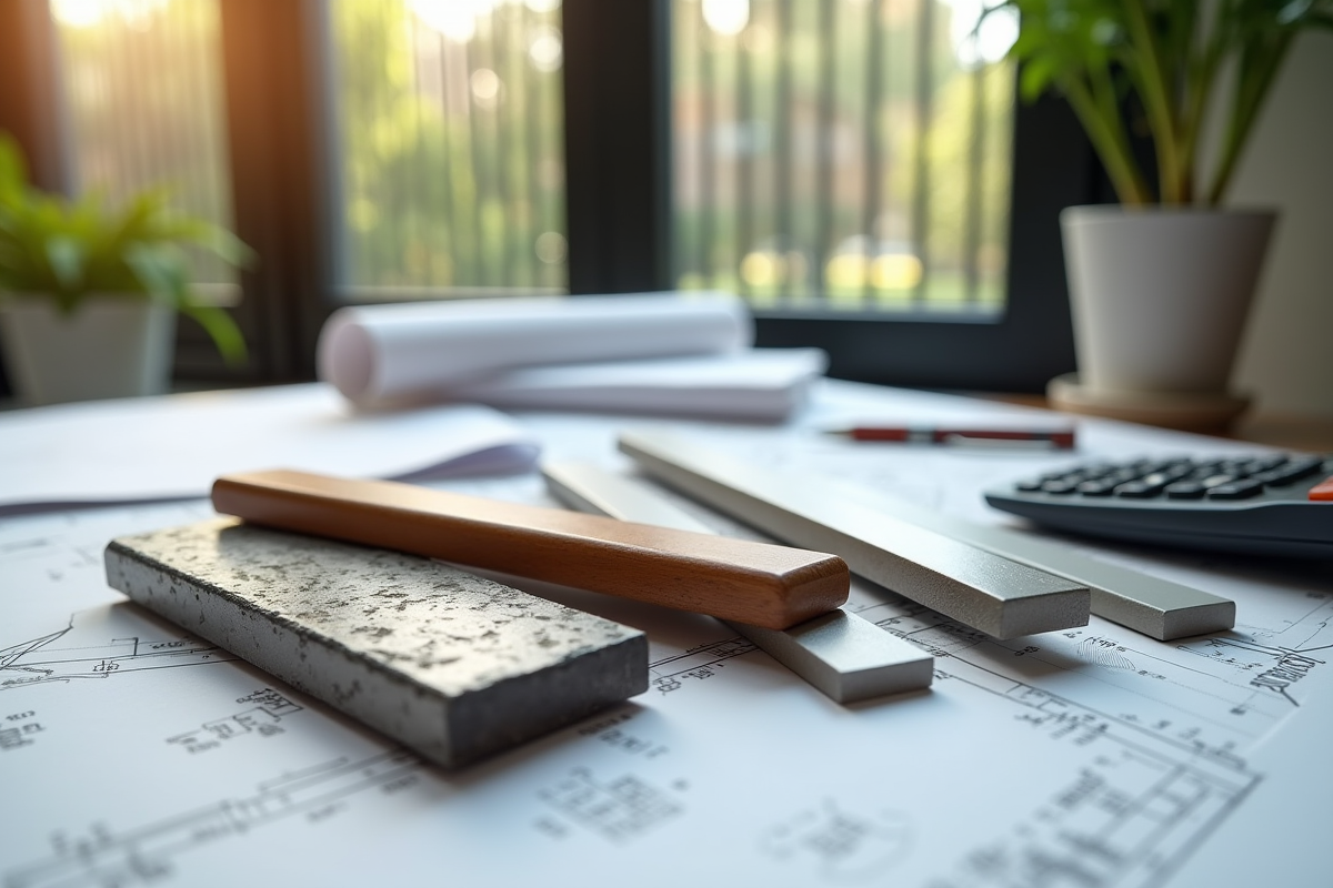 Echantillons de matériaux pour portails sur une table d architecte