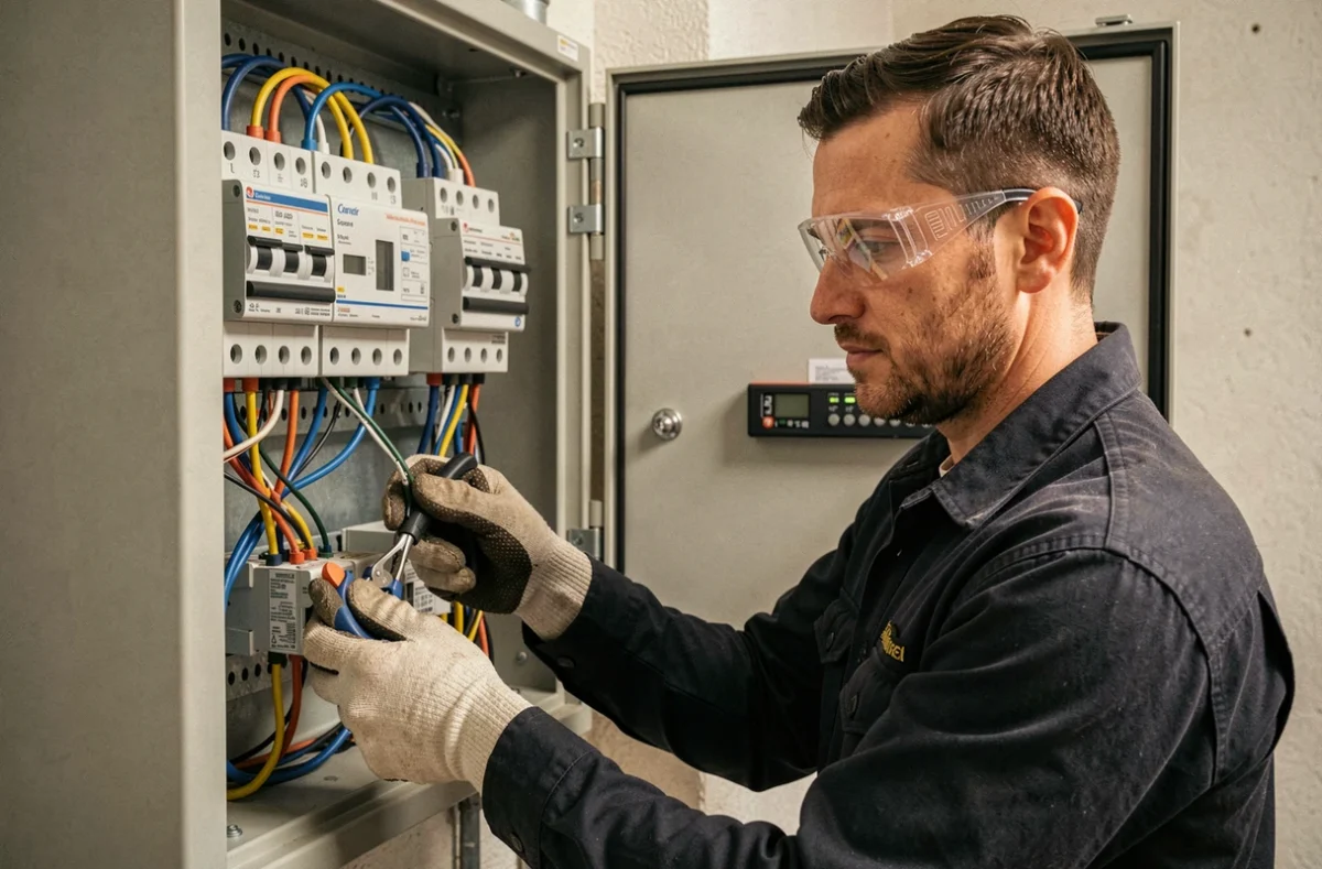Électricien d'Électricité Générale Cran-Gevrier câblant un tableau électrique avec système de gestion d'énergie intelligente dans un immeuble résidentiel
