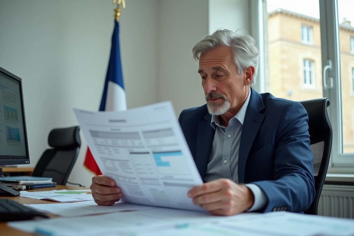 Élu municipal d'une ville moyenne française analysant des documents fiscaux liés aux taxes sur logements vacants dans son bureau administratif