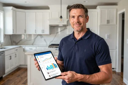 Entrepreneur en rénovation consultant un tableau de bord business sur tablette dans une cuisine rénovée moderne