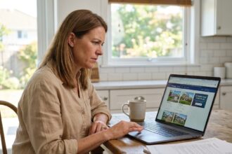 Femme utilisant un outil d'estimation immobilière en ligne sur son ordinateur portable dans une cuisine moderne
