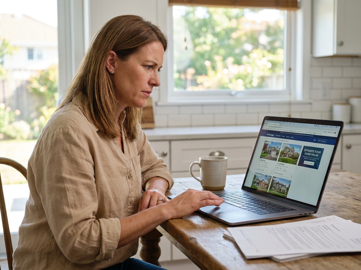 Femme utilisant un outil d'estimation immobilière en ligne sur son ordinateur portable dans une cuisine moderne