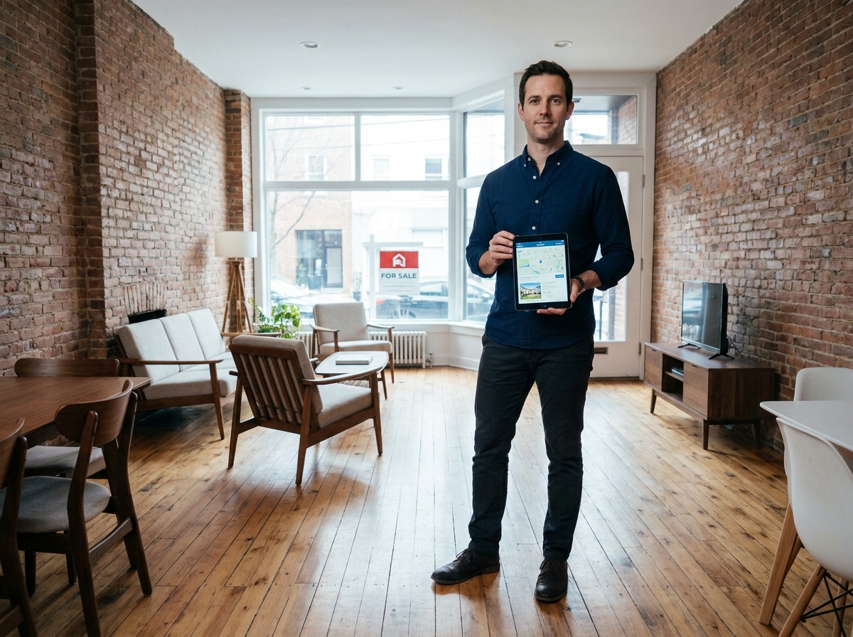 Homme consultant une estimation immobilière en ligne sur une tablette dans un salon à vendre