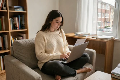 Étudiante consultant des documents d'assurance habitation dans un appartement meublé