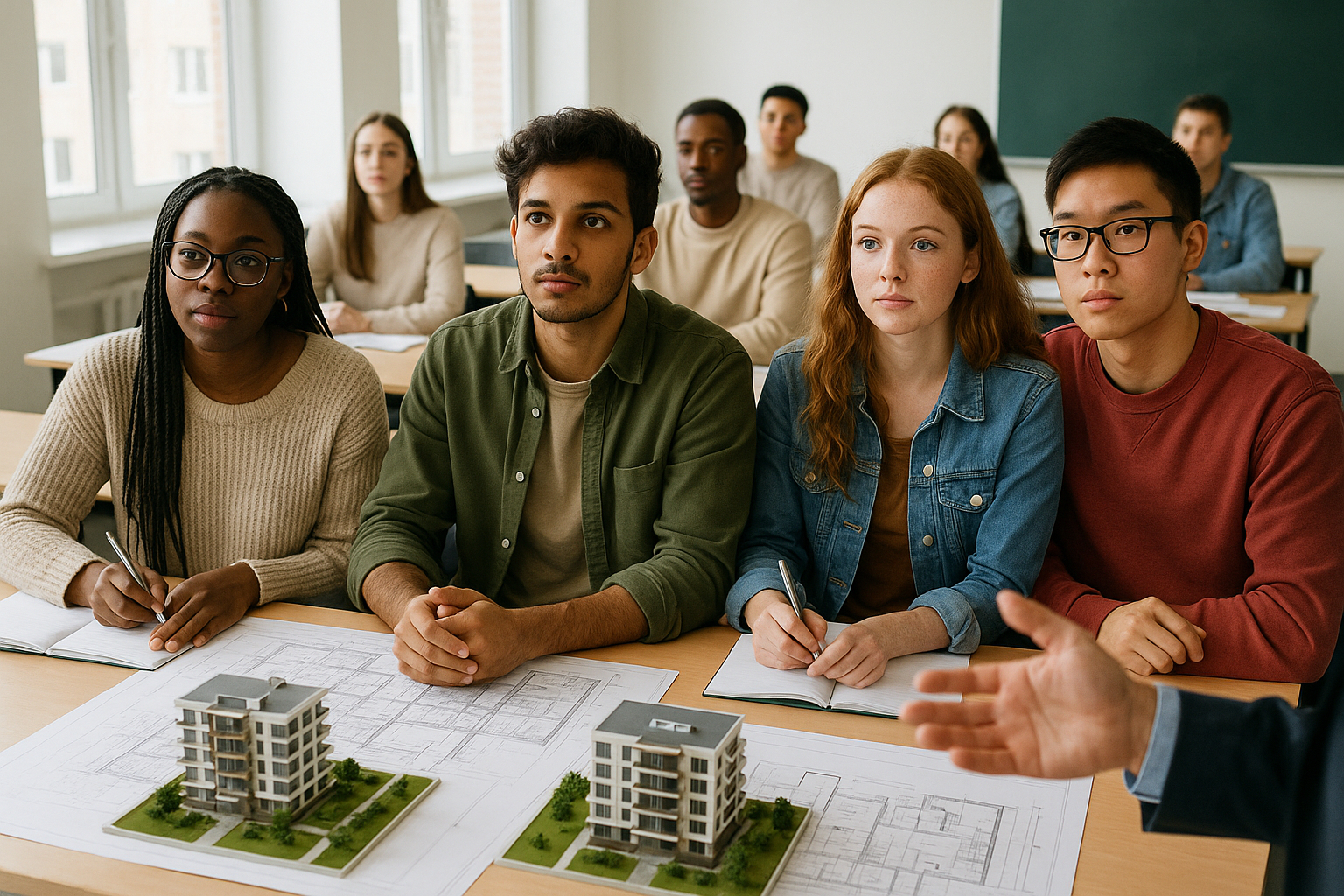 Étudiants en architecture écoutant un professeur en classe