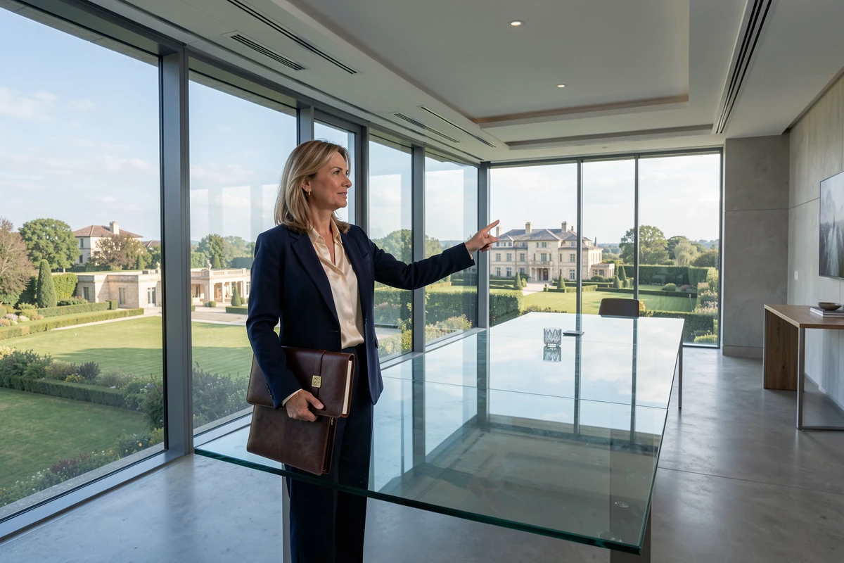 Experte immobilière de luxe présentant un bien d'exception depuis un espace de réunion haut de gamme avec vue sur un domaine privé