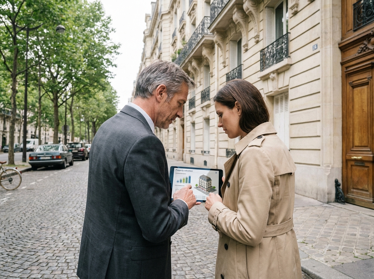 Deux professionnels de l'immobilier évaluant un immeuble haussmannien avec une tablette affichant des données de valorisation