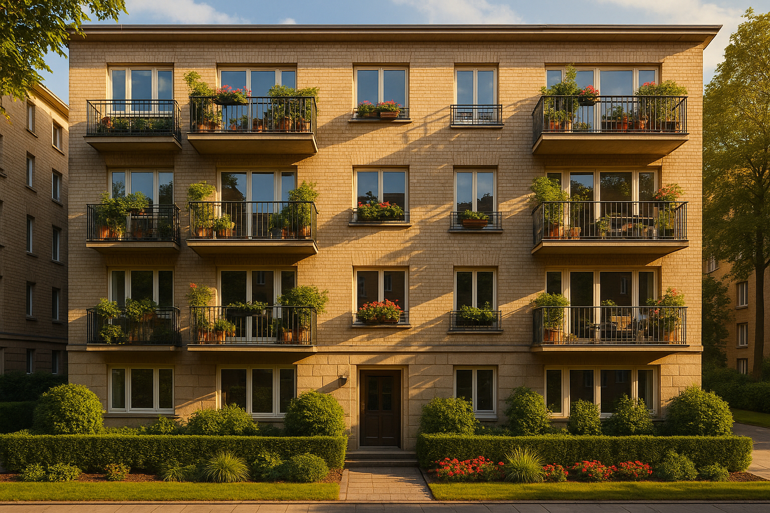 Façade d un immeuble d appartement en ville en fin d après midi