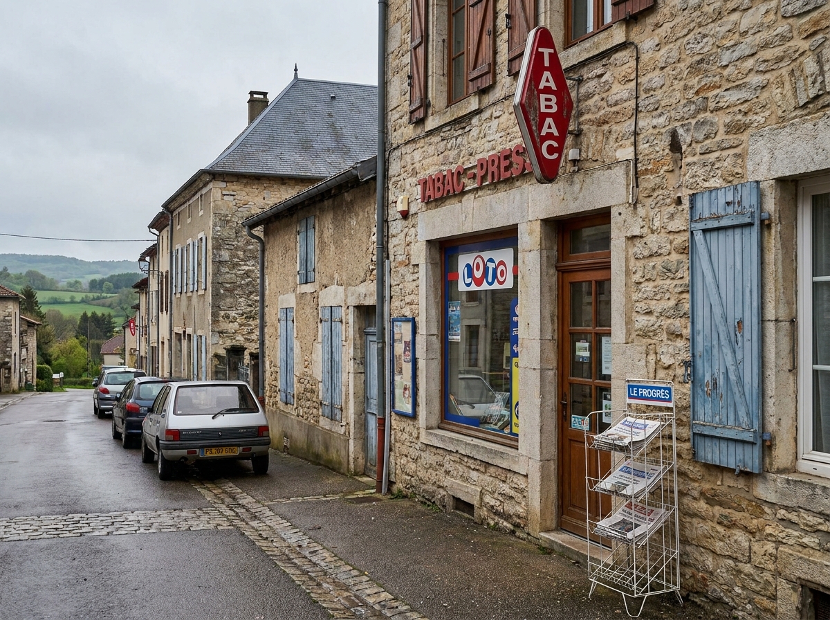 Façade d'un bureau de tabac traditionnel dans un village de l'Ain avec enseigne rouge et présentoir à journaux