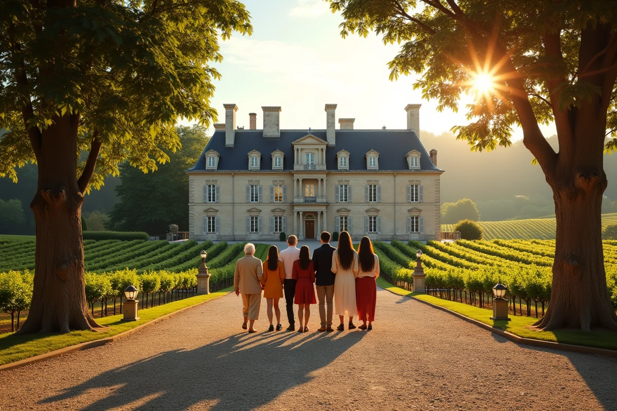 Famille réunie sur les marches d'un château viticole bordelais pour célébrer la transmission du domaine entre générations