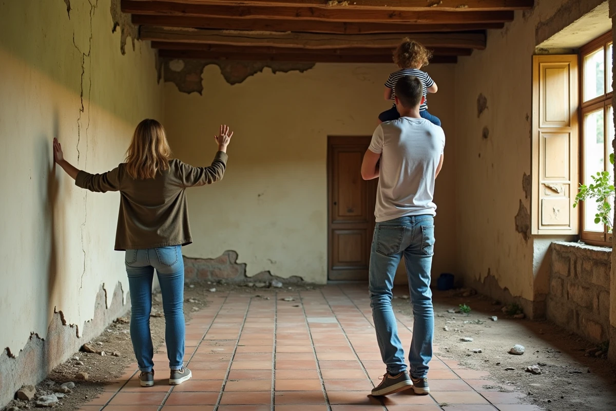 Famille découvrant l'intérieur d'une maison abandonnée à rénover dans le Var en PACA