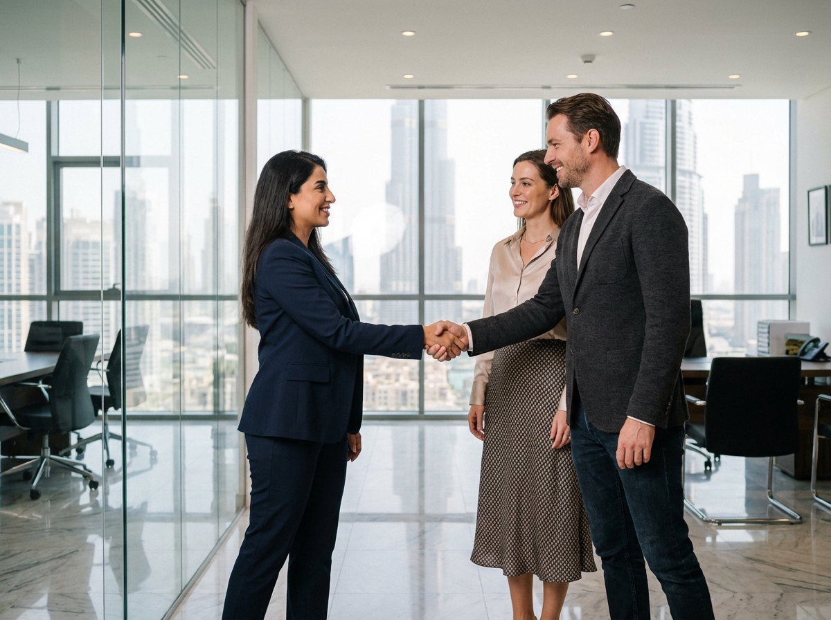 Femme d'affaires moyen-orientale serre la main d'un couple à Dubai