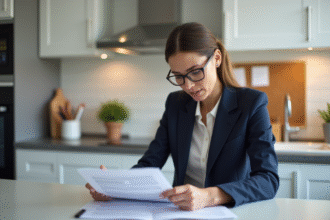 Femme d'affaires en costume étudie documents immobiliers