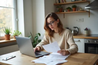 Femme consultant des documents d'aide au logement Halpade à Cluses sur une table en bois