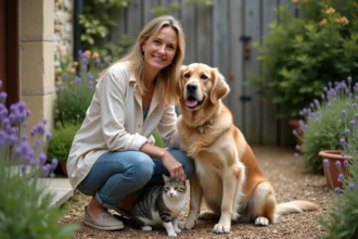 Femme avec un chien et un chat dans le jardin d'une petite maison à louer en Seine-Maritime