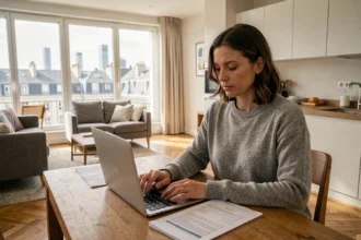 Femme consultant des documents d'assurance habitation dans un appartement moderne à Puteaux avec vue sur La Défense