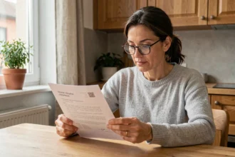 Femme consultant une attestation d'assurance habitation à la table de sa cuisine, document papier visible en premier plan