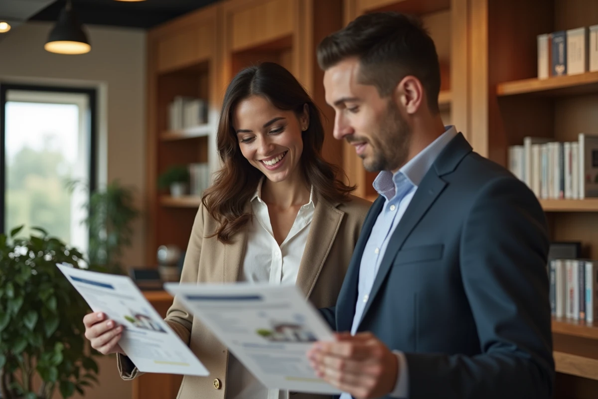 Jeune femme et agent immobilier examinant des brochures de prêt immobilier