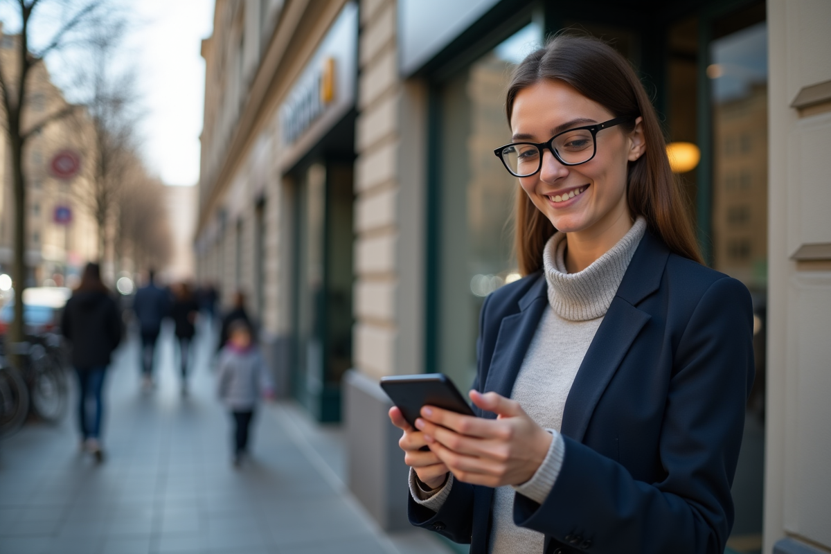 Jeune femme regardant son smartphone devant une banque moderne