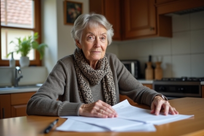 Femme belge âgée examinant des documents à la maison