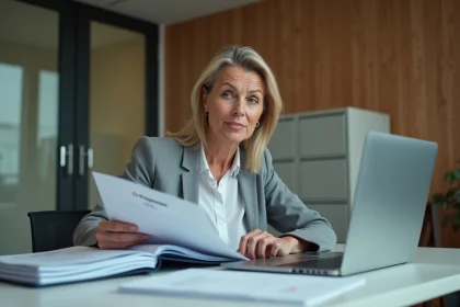 Femme d'âge moyen au bureau examinant un classeur coproprietes