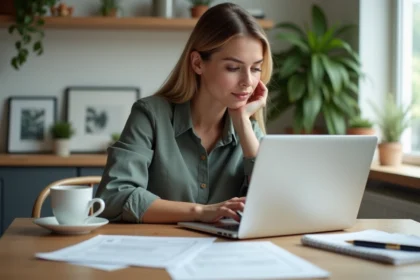 Femme concentrée sur son ordinateur dans une cuisine lumineuse