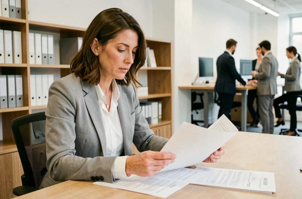 Femme consultant des documents d'appel d'offres pour le système d'enchères de logements Loca 2026 dans un bureau moderne