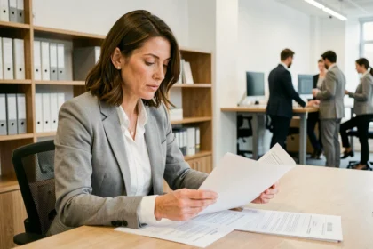 Femme consultant des documents d'appel d'offres pour le système d'enchères de logements Loca 2026 dans un bureau moderne