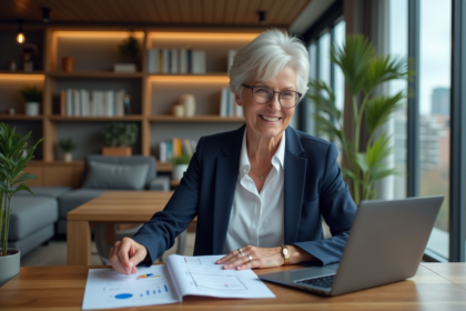 Femme d'âge moyen travaillant sur un ordinateur dans un appartement moderne