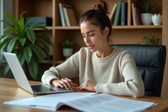 Femme au bureau vérifiant permis de construire