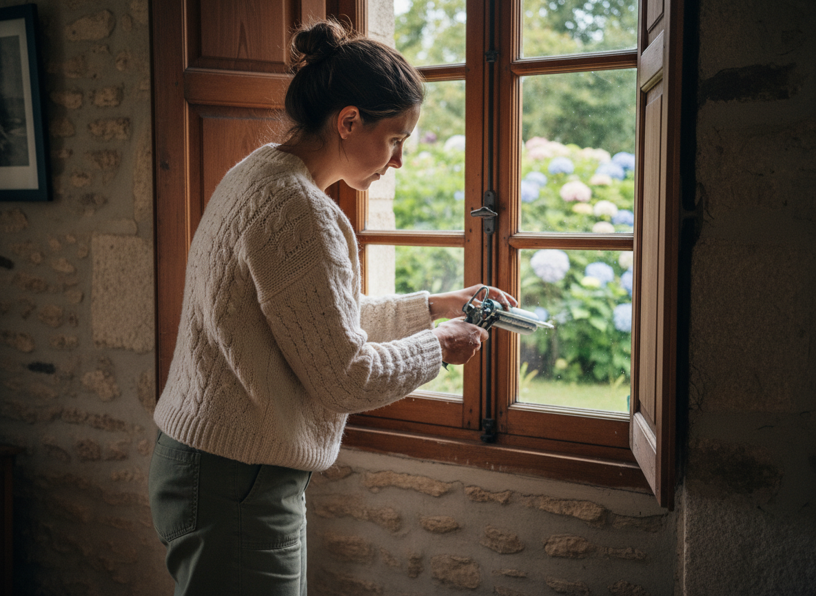 Jeune femme calfeutrant une fenêtre dans un intérieur normand