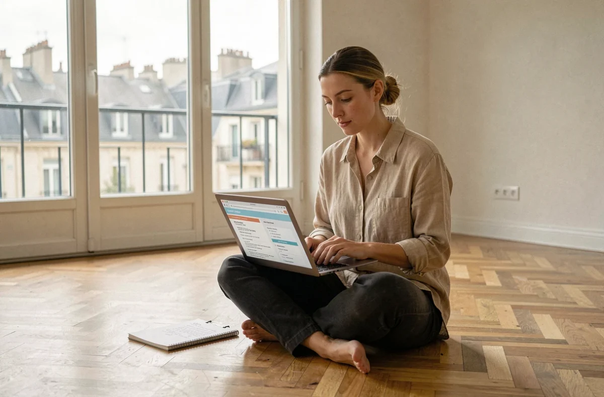 Femme comparant des devis de déménagement sur ordinateur dans un appartement vide