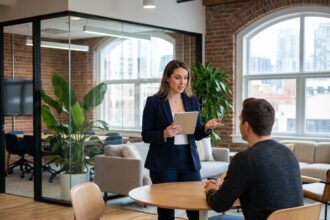 Femme confiante en costume navy discutant avec collègue