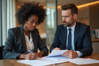 Femme élégante en banque française examinant un document de prêt immobilier
