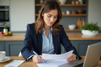 Femme en blazer bleu examinant des documents de prêt immobilier