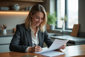 Femme d'affaires relisant des documents de prêt immobilier